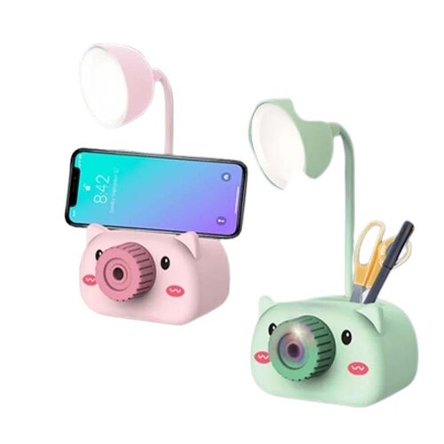 Lampara De Cerdito Con Sacapuntas, Porta Lápiz Y Celular Verde Agua