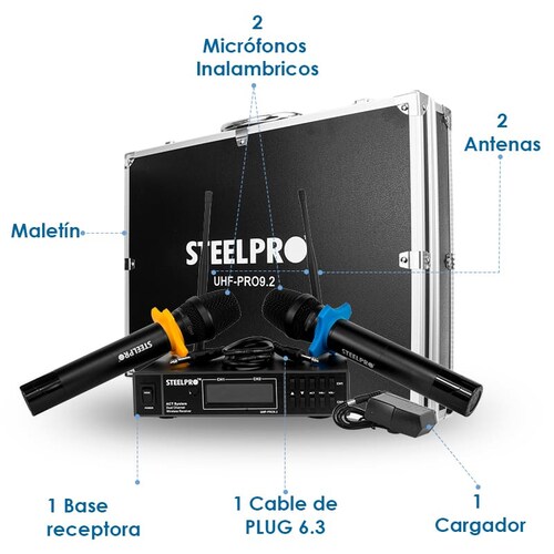 Microfono Uhf Profesional De Frecuencia Multicanal 2 Microfonos - Steelpro.