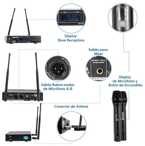 Microfono Uhf Profesional De Frecuencia Multicanal 2 Microfonos - Steelpro.