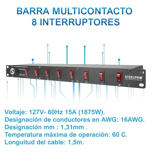 Barra Multicontacto 8 Interruptores - 127v Sw-8 - Steelpro.
