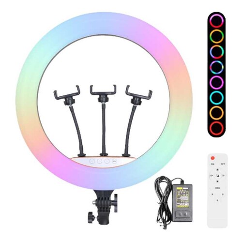 Aro De Luz Led RGB Gadgets & Fun iluminacion Blanca y de colores tamaño Profesional 45cm de diametro con soporte para 3 celulares