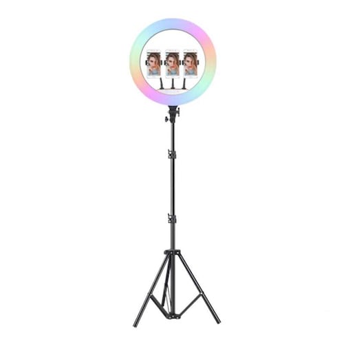 Aro De Luz Led RGB Gadgets & Fun iluminacion Blanca y de colores tamaño Profesional 45cm de diametro con soporte para 3 celulares