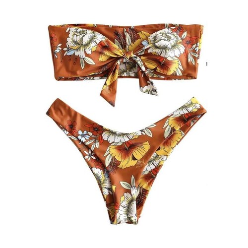  Sexy Bikini 2 Piezas Strapless Floreado Con Tanga Brasileña
