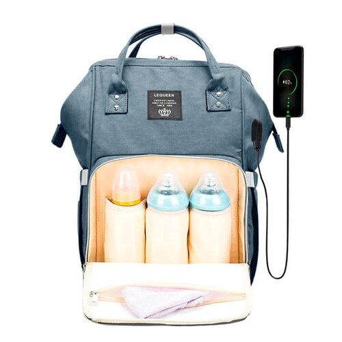 Mochila Pañalera con Puerto para Carga USB Color Azul Mezclilla