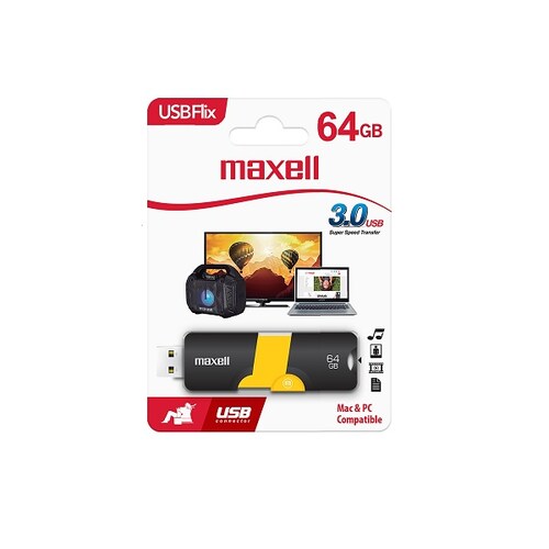 Maxell Memoria USB Flix 64GB 3.0 / Retráctil / Negro Con Amarillo / 347493