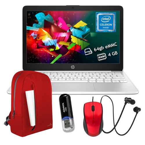Laptop HP Stream 11 Celeron 64GB-4GB DDR4 Plata+Audifono+ mouse+USB 16GB + Mochila