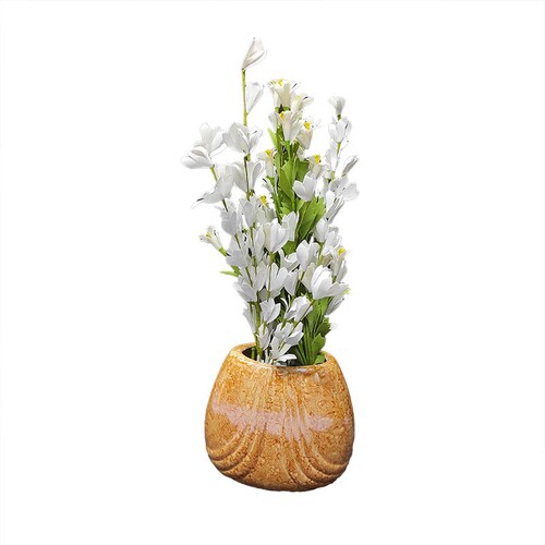 Florero de cerámica horneada acabado tipo mármol.