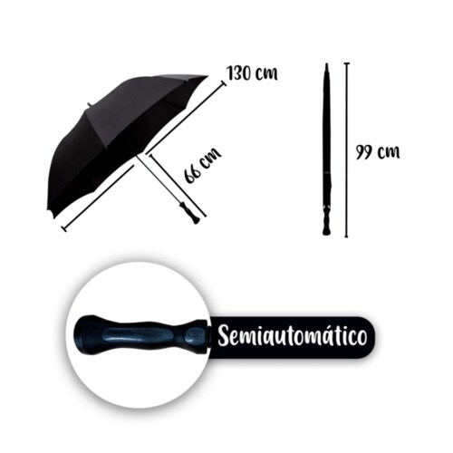 Paraguas Sombrilla de Golf Semiautomático Liso Negro Varilla Flexible Policarbonato
