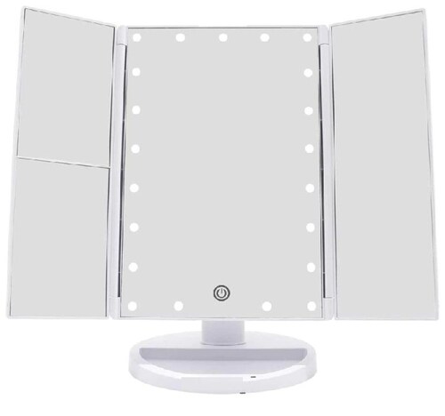 Espejo de Maquillaje Triptico con Aumentos x1, x2, x3, Espejo Cosmético de Libro Pantalla Táctil con Iluminacion 22 LED
