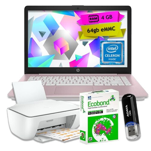 Laptop Hp P Stream 14 Celeron 64gb Ram 4gb - Rosa + Impresora + 500 Hojas blancas + Usb 16GB