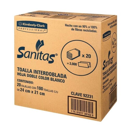 Toallas Interdobladas Kimberly-Clark Sanitas 20 Fajillas con 100 pzas c/u