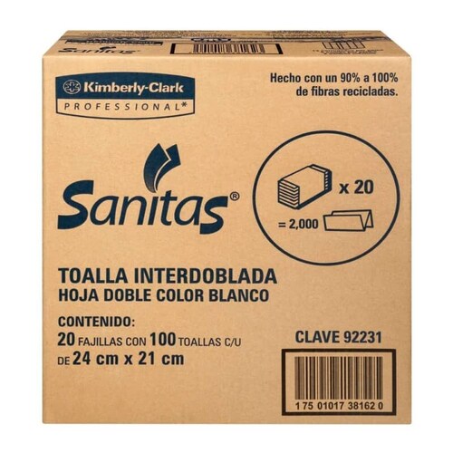 Toallas Interdobladas Kimberly-Clark Sanitas 20 Fajillas con 100 pzas c/u