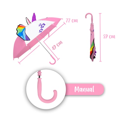 Sombrilla Paraguas Rosa Recto Infantil Unicornio Blanco Mango Curvo