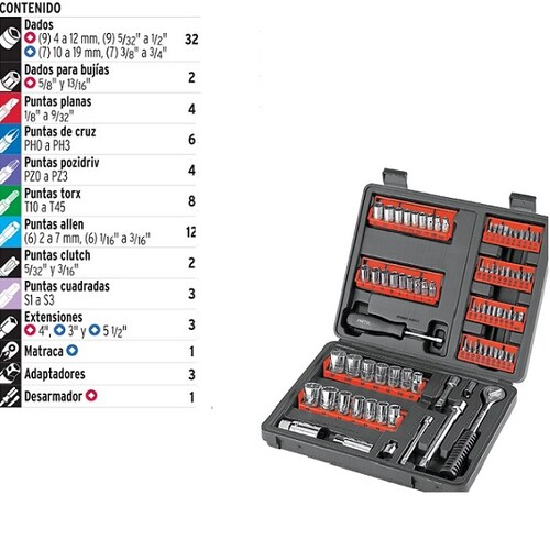 JUEGO DE HERRAMIENTAS DADOS PUNTAS TORK LLAVES ALLEN MATRACA  MALETIN 90 PIEZAS 