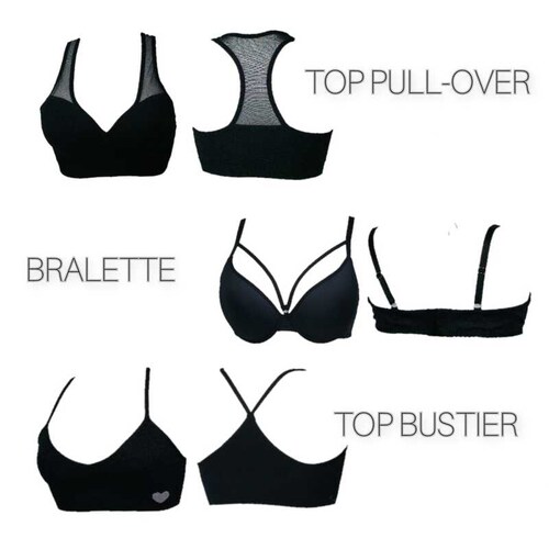 PAQUETE DE 3 BRASIERES CON TRES ESTILOS TOP RACERBACK TOP PULL-OVER Y BRALETTE SET