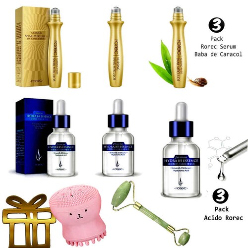 Serum Rorec Baba de Caracol x3 + Ácido Hialuronico Puro Concentrado  x3 + Regalo Cepillo Silicon + Rodillo Jade 