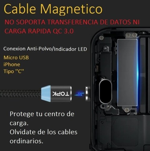 Cable Usb Magnetico Topk 3 En 1 Micro Usb, Tipo C, iPhone, 1 Metro
