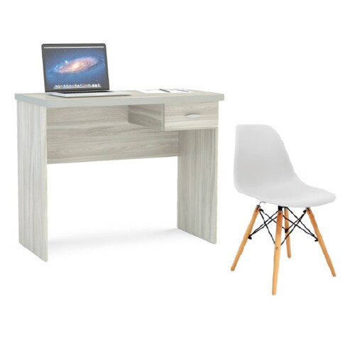 Kit Home Office Escritorio Resen 1 Cajon Encino Y Silla Oslo Blanca Mundo In