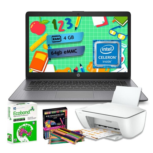 Laptop Hp P Stream 14 Celeron 64gb Ram 4gb - Negro + Impresora multifuncional + 500 Hojas + caja de colores