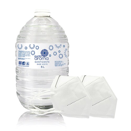 Punto Aroma - Kit Desinfectante líquido base aceite para pulverizar + 2 Cubrebocas de 5 capas - Líquido sanitizante atomizable - No flamable y no tóxico - Ideal para utilizar con humidificadores, máquinas de esterilización en frío y atomizadores - Contenido: 5l + 2 cubrebocas. (Base aceite)