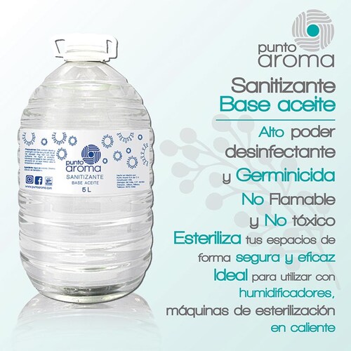 Punto Aroma - Kit Desinfectante líquido base aceite para pulverizar + 2 Cubrebocas de 5 capas - Líquido sanitizante atomizable - No flamable y no tóxico - Ideal para utilizar con humidificadores, máquinas de esterilización en frío y atomizadores - Contenido: 5l + 2 cubrebocas. (Base aceite)
