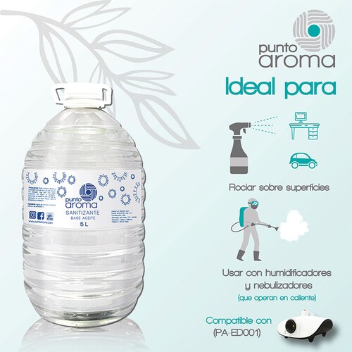 Punto Aroma - Kit Desinfectante líquido base aceite para pulverizar + 2 Cubrebocas de 5 capas - Líquido sanitizante atomizable - No flamable y no tóxico - Ideal para utilizar con humidificadores, máquinas de esterilización en frío y atomizadores - Contenido: 5l + 2 cubrebocas. (Base aceite)