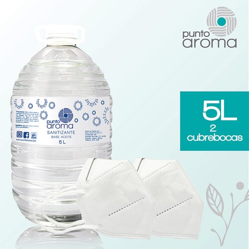Punto Aroma - Kit Desinfectante líquido base aceite para pulverizar + 2 Cubrebocas de 5 capas - Líquido sanitizante atomizable - No flamable y no tóxico - Ideal para utilizar con humidificadores, máquinas de esterilización en frío y atomizadores - Contenido: 5l + 2 cubrebocas. (Base aceite)