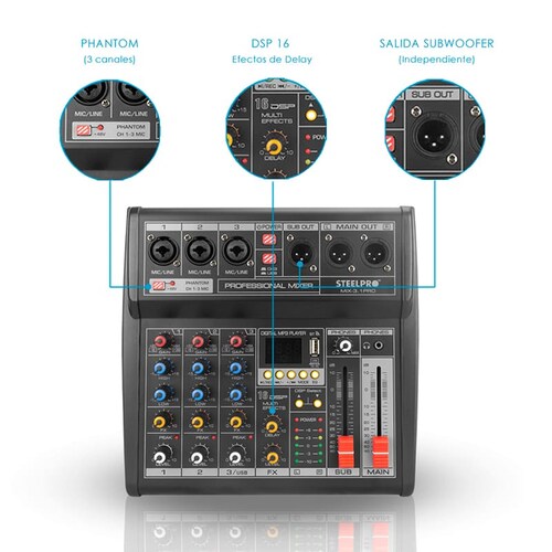 Mezcladora 4 Canales 3+subwoofer Xlr Bluetooth Usb - MIX-3.1PRO - Steelpro