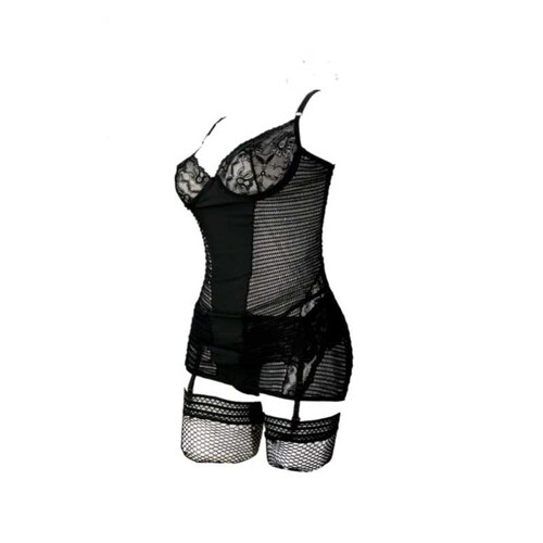 BABYDOLL NEGRO STYLO BODIES STRECH CON TANGA LIGUERO Y MEDIAS LENCERIA SET 918