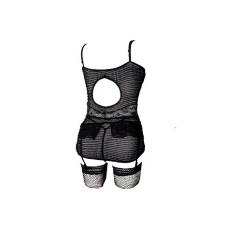 BABYDOLL NEGRO STYLO BODIES STRECH CON TANGA LIGUERO Y MEDIAS LENCERIA SET 918