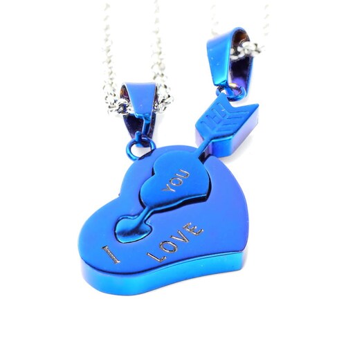 Joya 2 cadenas Dije Corazon Con Flecha Novios Dual Azul Acero