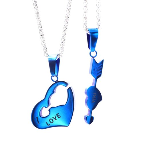 Joya 2 cadenas Dije Corazon Con Flecha Novios Dual Azul Acero