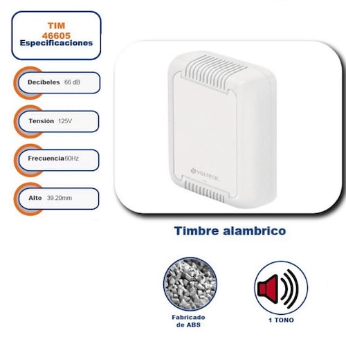 TIMBRE ALAMBRICO DOMESTICO CUADRADO BLANCO DE PLASTICO 1 TONO VOLTECK