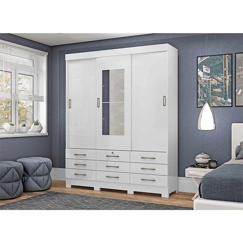 Ropero Armario Closet Doble Vista Gris Blanco Espejo Cajones 