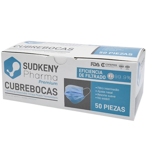 Cubrebocas quirúrgico desechable tricapa plisado termosellado SUDKENY PREMIUM, Caja c/50 piezas