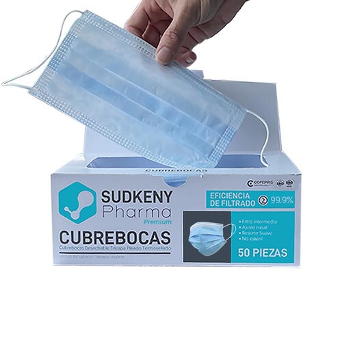 Cubrebocas quirúrgico desechable tricapa plisado termosellado SUDKENY PREMIUM, Caja c/50 piezas