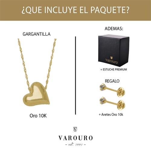 Gargantilla Oro 10k Corazón  VAROURO  | Collar Amor + Estuche Premium + Aretes Oro 10k