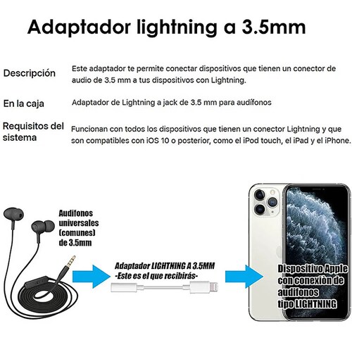 Adaptador de Lightning a jack 3.5 mm para Audífonos Apple Original.