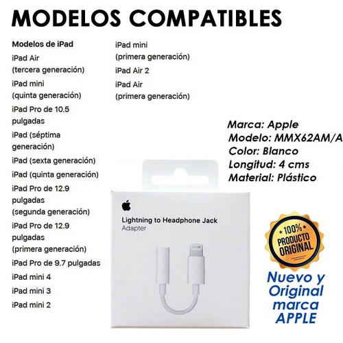 Adaptador de Lightning a jack 3.5 mm para Audífonos Apple Original.