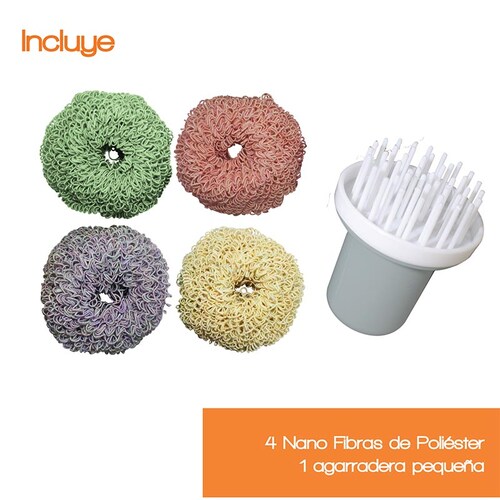 JHK - Kit de nano fibras para limpiar y tallar - Ideales para vajillas, ollas, sartenes y más - No rayan - Resistentes y Durables  - No acumula malos olores ni gérmenes - Incluye 4 bolitas y agarradera pequeña