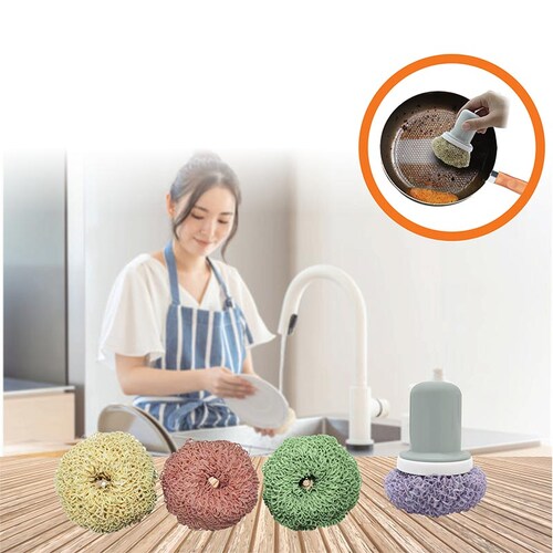 JHK - Kit de nano fibras para limpiar y tallar - Ideales para vajillas, ollas, sartenes y más - No rayan - Resistentes y Durables  - No acumula malos olores ni gérmenes - Incluye 4 bolitas y agarradera pequeña