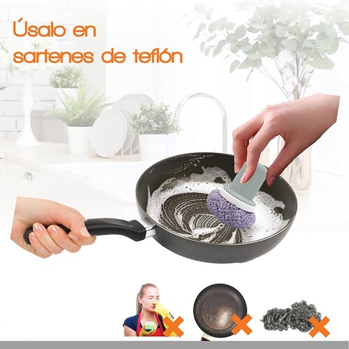 JHK - Kit de nano fibras para limpiar y tallar - Ideales para vajillas, ollas, sartenes y más - No rayan - Resistentes y Durables  - No acumula malos olores ni gérmenes - Incluye 4 bolitas y agarradera pequeña