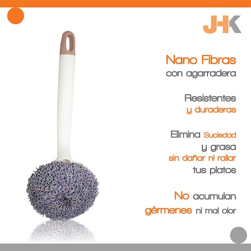 JHK - Kit de nano fibras para limpiar y tallar - Ideales para vajillas, ollas, sartenes y más - No rayan - Resistentes y Durables  - No acumula malos olores ni gérmenes - Incluye 4 bolitas y agarradera pequeña