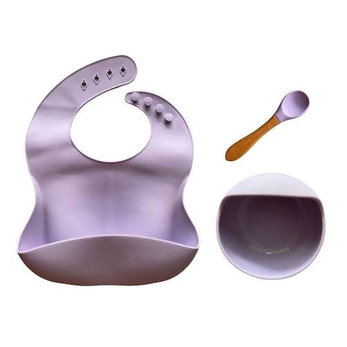 Set de babero, plato y cuchara de silicon para bebé. SET de ablactación