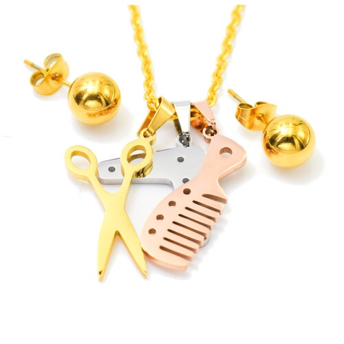 Joya Kit Aretes Cadena Con Dije Secadora Tijeras Peine Estilista