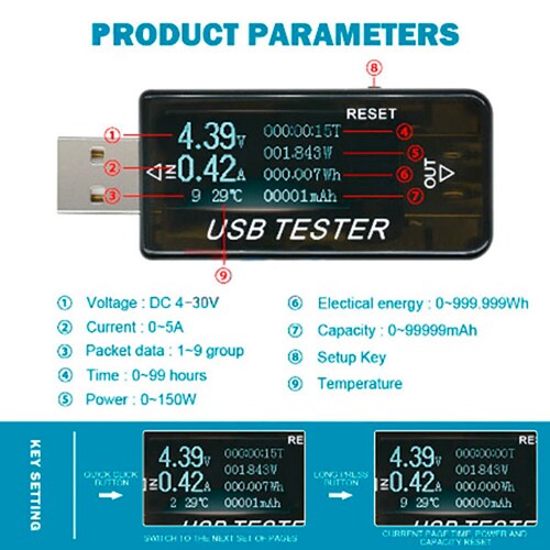 Multímetro Medidor Tester Voltaje Amperaje USB 8 en 1
