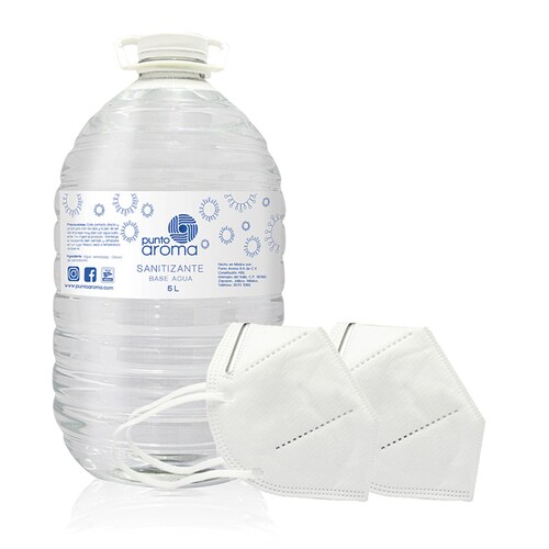 Punto Aroma - Kit Desinfectante líquido para pulverizar + 2 Cubrebocas de 5 capas - Líquido sanitizante atomizable - No flamable y no tóxico - Ideal para utilizar con humidificadores, máquinas de esterilización en frío y atomizadores - Contenido: 5l + 2 cubrebocas. (Base agua)