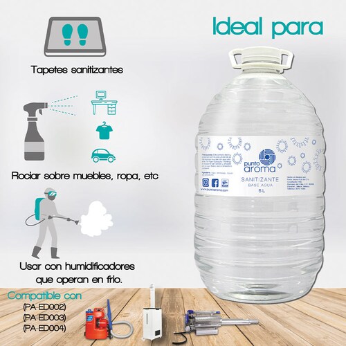 Punto Aroma - Kit Desinfectante líquido para pulverizar + 2 Cubrebocas de 5 capas - Líquido sanitizante atomizable - No flamable y no tóxico - Ideal para utilizar con humidificadores, máquinas de esterilización en frío y atomizadores - Contenido: 5l + 2 cubrebocas. (Base agua)
