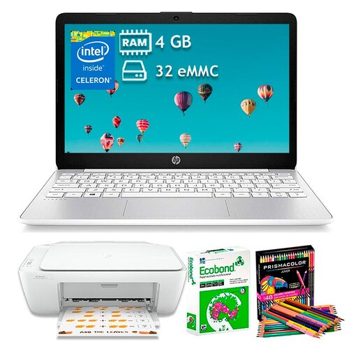 Laptop HP Stream 11 intel celeron 32gb eMMC 4Gb de Ram + Impresora multifuncional + 500 Hojas + caja de colores