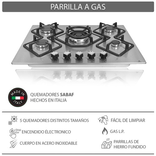 Parrilla de gas L.P. empotrable 70cm SUPRA ETERNITY de acero inoxidable con 5 quemadores